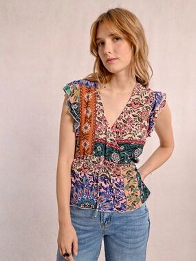 Molly Bracken Multicolor Patchwork V‑Neck Peplum wrap waist top. Size Small